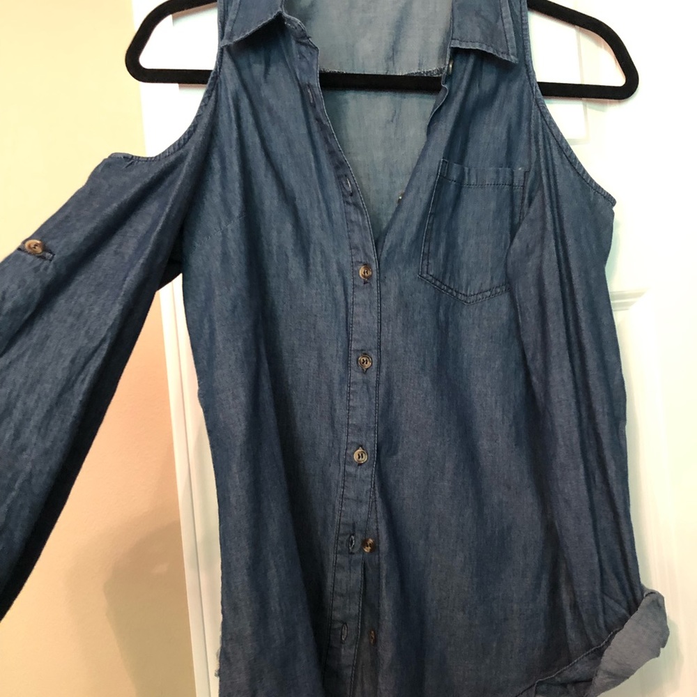 Cold Shoulder Denim Button Up - image 2